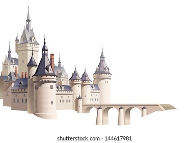 Castle with a bridge and aerial perspective on white background. Sfumato - on 2 separate layers