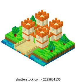 Castle with a bridge assembled from plastic blocks in isometric style for printing and decoration. Vector illustration.