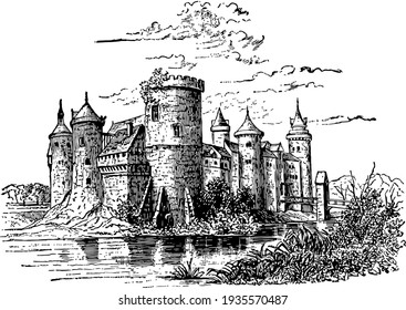 Castle,  building constructed,  vintage engraving.