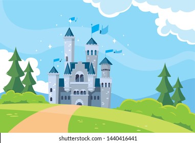 castle building fairytale in mountainous landscape