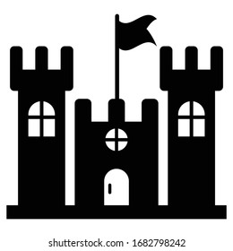 Castle Building with Flag Front View Concept, King Fort Palace with Gate Vector Icon design