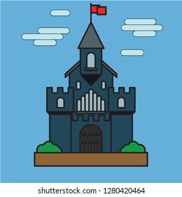 Castle building flat on blue background