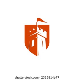 castle building logo design. Vector illustration castle building and shield. Modern logo design vector icon template