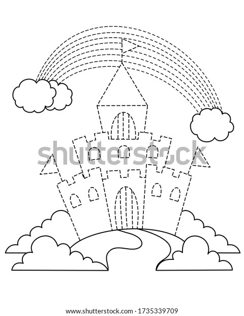 茂みと虹の城 塗り絵 子ども向け教育ゲーム ページの色付け 子供の描画活動 ベクターイラスト 手書きの練習 線のトレース のベクター画像素材 ロイヤリティフリー