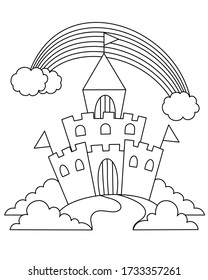 Castle with bushes and rainbow. Vector illustration for coloring book.