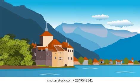 A castle by the lake with mountains in the background