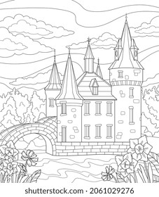 Castle by river. Linear art with palace, flowers, river, and trees. Coloring book for adults and children. Get rid of stress and fatigue. Cartoon flat vector illustration isolated on white background