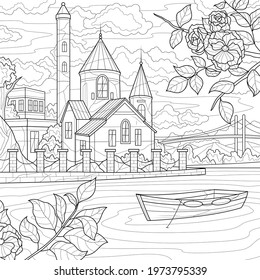 Castle by the river.Coloring book antistress for children and adults. Illustration isolated on white background.Zen-tangle style. Hand draw