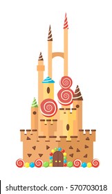 Castle cake. Cute sweet castle with high towers and candies. Vector flat illustration.