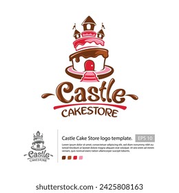 Castle  cake logo template with a simple cake that  looks like a castle and colored with brown and pink color as the cream, for your cake store.