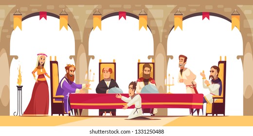 Castle cartoon poster with king sitting on throne surrounded by his entourage and citizen asking on knees vector illustration