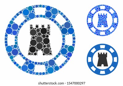 Castle casino chip composition of circle elements in different sizes and shades, based on castle casino chip icon. Vector dots are united into blue composition.