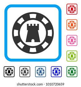 Castle Casino Chip icon. Flat grey iconic symbol in a blue rounded squared frame. Black, gray, green, blue, red, orange color versions of castle casino chip vector.