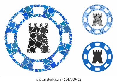 Castle casino chip mosaic of unequal items in various sizes and color hues, based on castle casino chip icon. Vector inequal parts are grouped into collage.