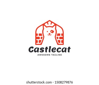 Castle cat logo design. Cat with a crown in the castle, Vector illustration