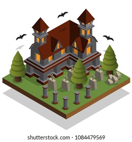 Castle in the cemetery. Isometric. Isolated on white background. Vector illustration.