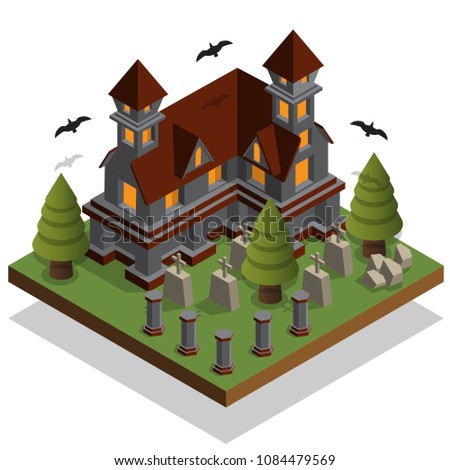 Castle in the cemetery. Isometric. Isolated on white background. Vector illustration.