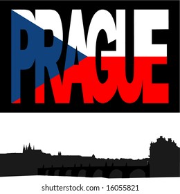 Castle and Charles Bridge with Prague flag text illustration