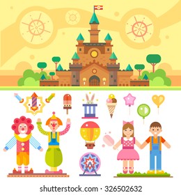 Castle of children happiness. Flat vector illustration set: magic castle, clowns, balloons, boy and girl, fireworks, carousel, rabbit in a hat, ice-cream. Stock Vector. 