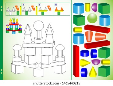 Castle for children from volumetric figures. The task is to cut 3d shapes, paste them from bottom to top and glue. Educational puzzle game with a hint. Vector illustration. Worksheet for printing