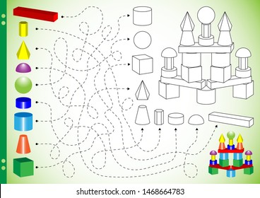 Castle for children from volumetric figures. The task is to follow the path along the dotted lines and find the color of 3d shapes. Vector illustration for coloring books. Worksheet for printing