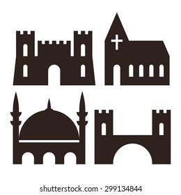 Castle, church, mosque and bridge icons isolated on white background