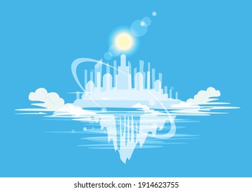 Castle or city in the clouds against the backdrop of the blue sky and the bright sun. Fantastic fairy tale illustration