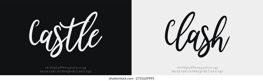 Castle Clash, Script Font, estética, mayúsculas, minúsculas y números. fuente de boda, letras clásicas, diseños de moda minimalistas. Tipografía moderna serif Fuentes concepto vintage decorativo regular. Vector 