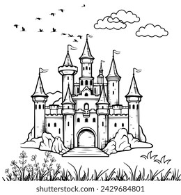 
castillo con contorno de dibujo de nubes