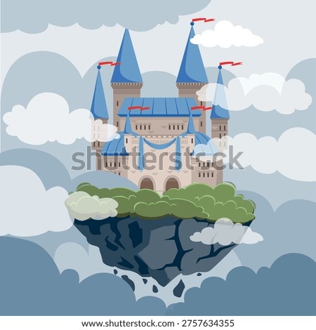 Castle in clouds. dark fantasy background with fairy tale castle on flying island