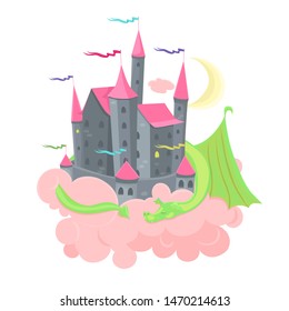 Castle in the clouds with a sleeping dragon. Children's illustration isolated on a white background. Vector graphics.