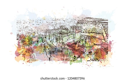 The Castle of Coca is a castle located in the Coca municipality, central Spain. Watercolor splash with Hand drawn sketch illustration in vector.