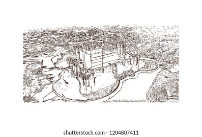 The Castle of Coca is a castle located in the Coca municipality, central Spain. Hand drawn sketch illustration in vector.