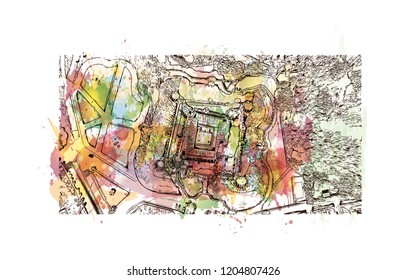 The Castle of Coca is a castle located in the Coca municipality, central Spain. Watercolor splash with Hand drawn sketch illustration in vector.