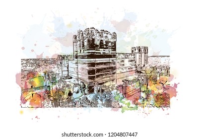 The Castle of Coca is a castle located in the Coca municipality, central Spain. Watercolor splash with Hand drawn sketch illustration in vector.