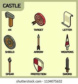 Castle color outline isometric icons. Vector illustration, EPS 10