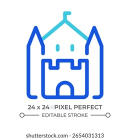 Ícone de iu de linha colorida Castle. Arquitetura medieval, defesa da fortaleza. Histórico, antigo. Turismo de referência. Símbolo linear duotônico de vetor isolado. Elemento de interface do usuário, pixel perfect
