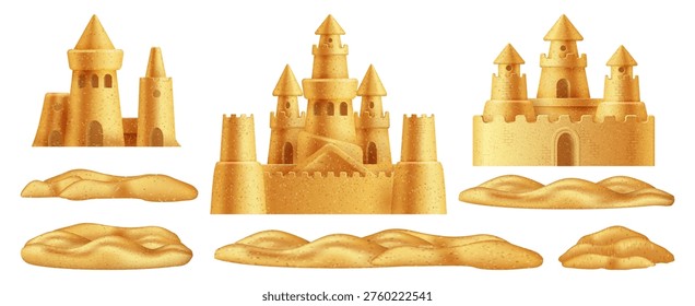 Castle compositions with piles of sands. Vector isolated realistic summer elements. Seaside vacation and handcrafted grain structures. Travel banner, holiday design or family leisure