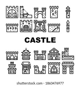 Castle Construction Collection Icons Set Vector. Medieval Castle Goal And Bridge, Tower And Wall, Aqueduct And Window, Destroyed Wall And Arch Black Contour Illustrations