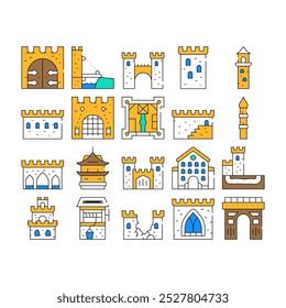 Conjunto de iconos de Colección de construcción de castillo Vector. Meta Y Puente Medieval Del Castillo, Torre Y Pared, Acueducto Y Ventana, Pared Destruida Y Ilustraciones De Contorno De Color De Arco