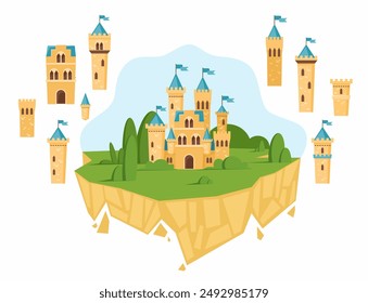 Castle constructor. Illustration of a castle on a flying island. Vector flat illustration.