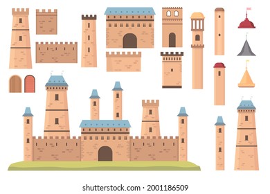 Castle constructor. Medieval architecture, towers with flags, walls and doors. Old historical bastion building, fortress vector set. Architecture castle, tower and stronghold construction illustration
