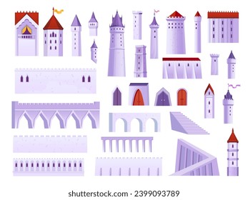 Castle constructor. Medieval castles elements bastion simple construction, fortified tower spire ancient fairy kingdom town fortress bridge, cartoon ingenious vector illustration of building medieval svg