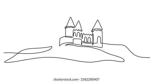 Castle in continuous line drawing. Representation of medieval architecture, fairy tales, and historical landmarks. Vector illustration hand drawn.