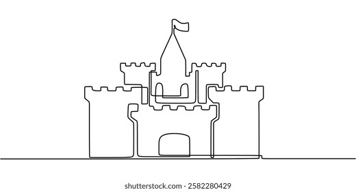 Castle in continuous line drawing. Representation of medieval architecture, fairy tales, and history. Vector illustration hand drawn.