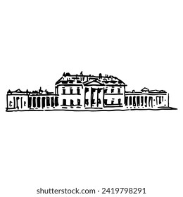Castle Coole estate in Northern Ireland. Facade of 18th-century neo-classical mansion. Hand drawn linear doodle rough sketch. Black and white silhouette. svg