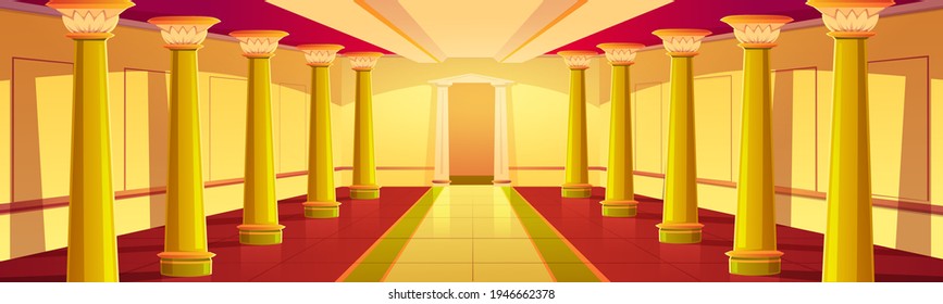 Castle corridor with gold columns. Palace empty colonnade interior with golden antique pillars and tiled floor. Medieval building architecture design, ball room or hall, Cartoon vector illustration