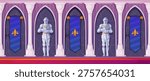 Castle corridor interior. Vector hallway with arched wall niches and decorative flags with sword symbols, statues of knights in armor holding swords. Fantasy projects and medieval game design