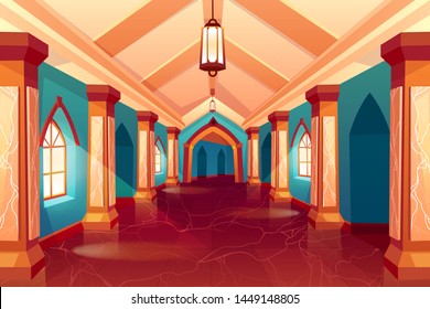 Castle corridor, labyrinth, medieval palace, maze or historical hotel, column hall, empty interior, hallway with pillars and marble floor, antique architecture background. Cartoon vector Illustration