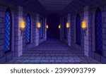 Castle corridor. Medieval castles game dungeon, stone bricks wall burning fire torch inside prison cave old temple scary church maze ancient mansion vector illustration of cartoon castle game interior